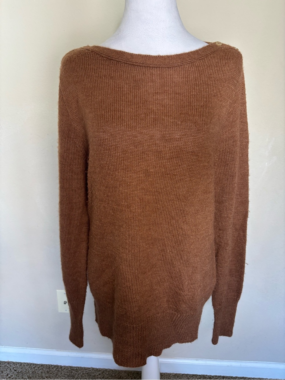 J.CREW Brown Knit Boat Neck Button Shoulder Pullover Sweater Long Sleeve XL